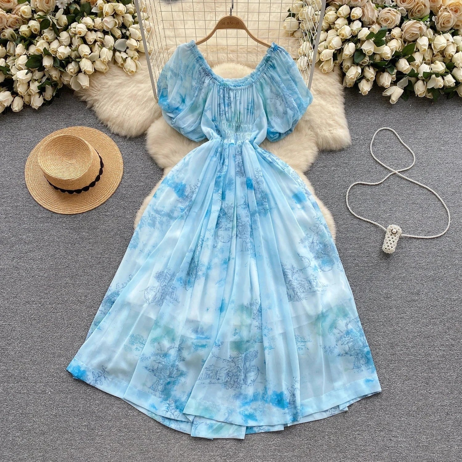 Free / Blue New 2024 Korean Chic Floral Print Puff Sleeve Slim Waist Dress Women Dresses Wholesale