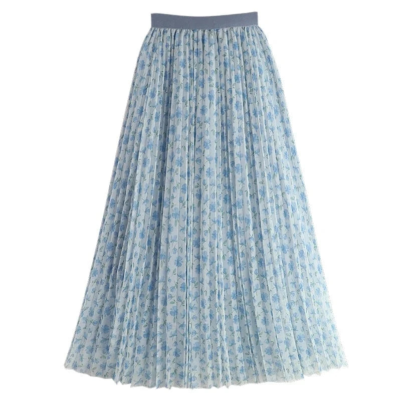 Free / Blue Spring Summer Women Skirt Floral Printed Mesh Waist Elastic Band Pleated Mid-Calf Skirts for Woman Vintage Beach Boho Jupes Saia