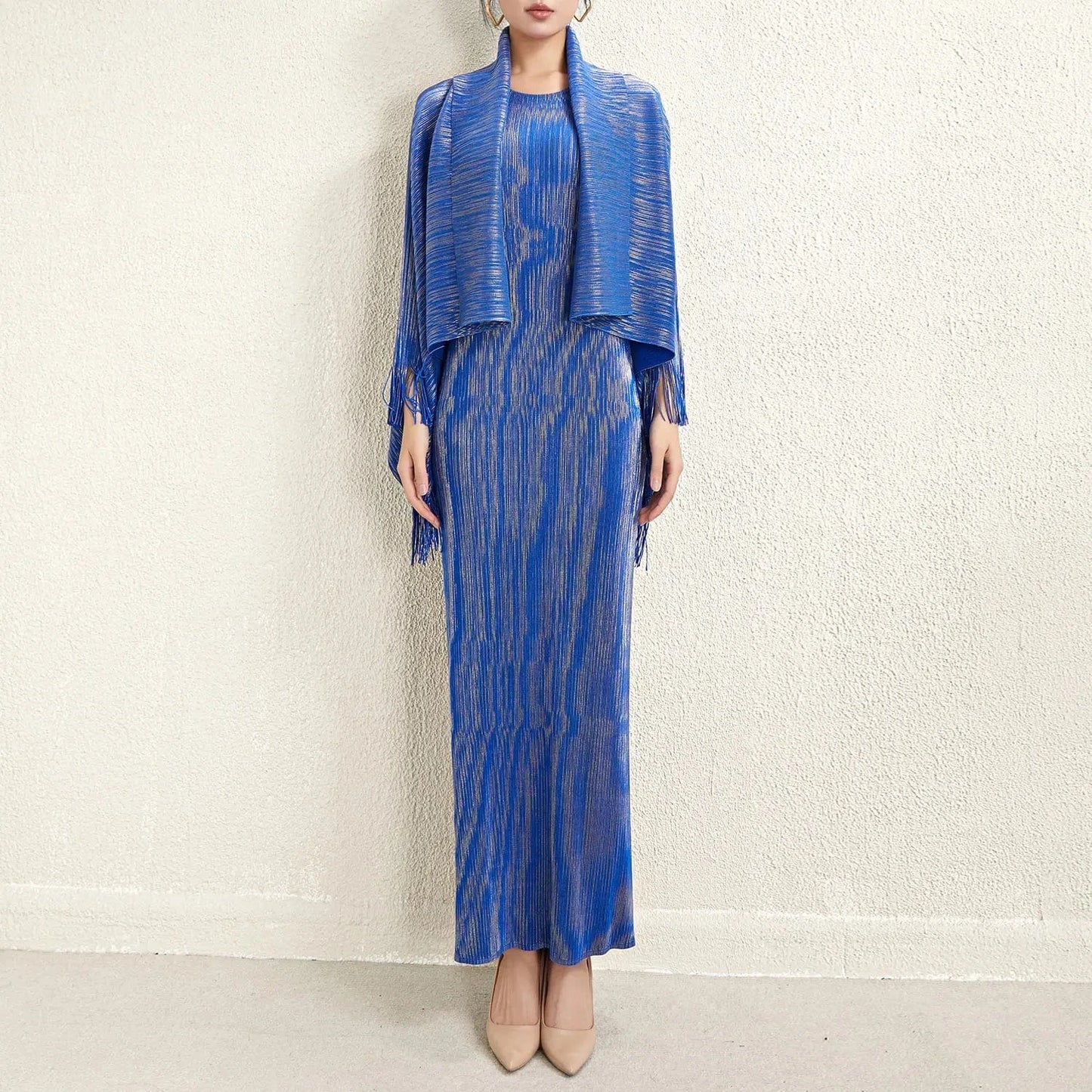 Free / Blue Wholesale New Arrival 2024 Miyake Pleated Dress Women's Tassel Shawl Two-piece Casual Elegant Fashion Dress