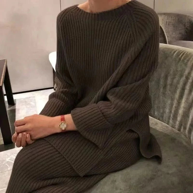 Free / Brown 2024 Autumn Winter Fashion Women New Arrival Crew neck long sleeve top with slim fit long pants twin set