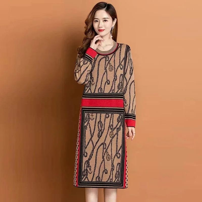 Free / Brown 2024 spring new arrival fashionable women crew neck long sleeve flower print sweater dress