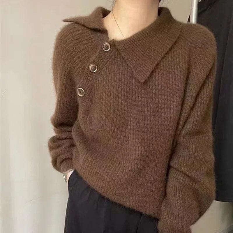 Free / Brown 2024 Spring new arrival girls crew neck placket front long sleeve loose fitting solid color pullover sweater jumper