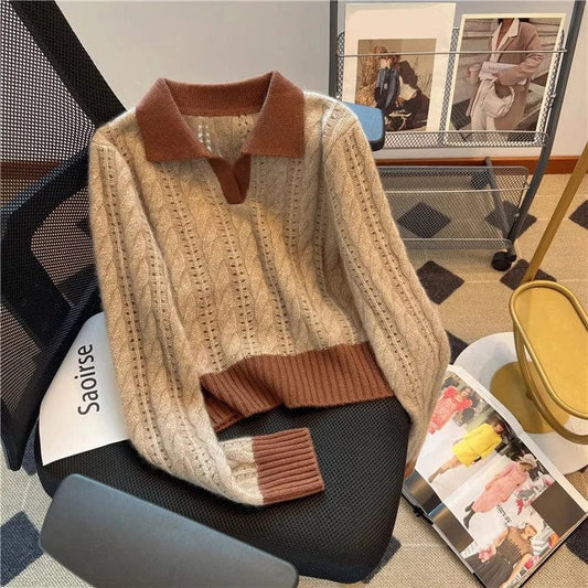 Free / Brown 2024 Spring new arrival girls v-neck long sleeve loose fitting soft lapel pullover sweater jumper