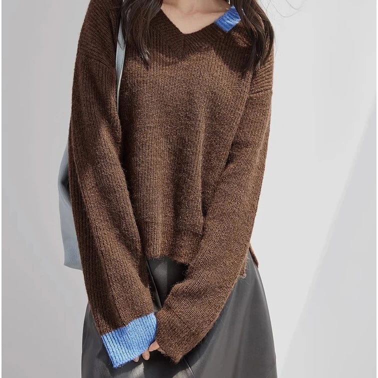 Free / Brown 2024 Spring new arrival girls v-neck long sleeve loose fitting soft pullover sweater jumper