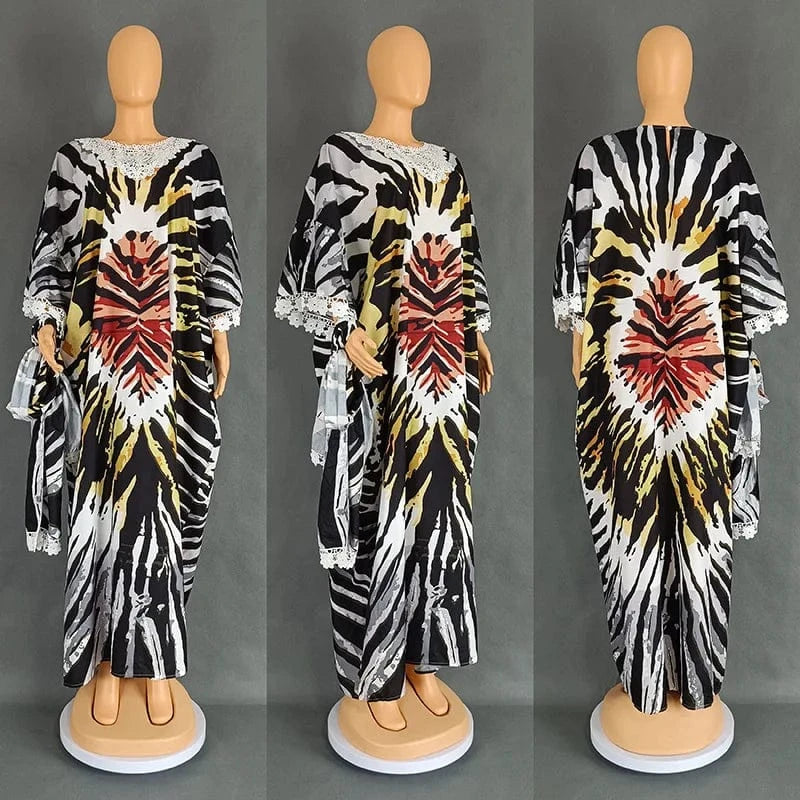 Free / Brown Liu Ming Hot Selling 2024 Elegant Women Print Turkey Islamic Muslim Moroccan Kaftan Abaya Dress
