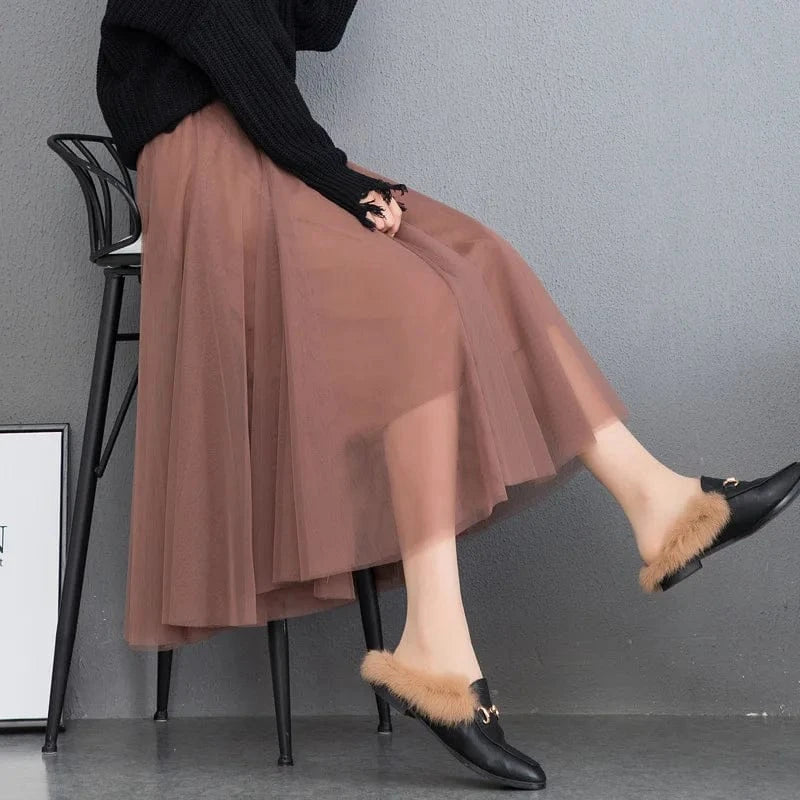 Free / Champagne 76CM 2024 Korean Style Midi Long Tulle Skirts Womens Summer Elastic High Waisted Maxi Skirts Femme A Line Mesh  Fashion skirt 50%