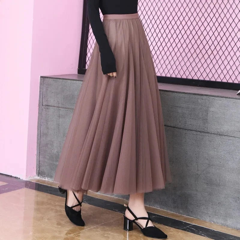 Free / Champagne 86cm 2024 Korean Style Midi Long Tulle Skirts Womens Summer Elastic High Waisted Maxi Skirts Femme A Line Mesh  Fashion skirt 50%