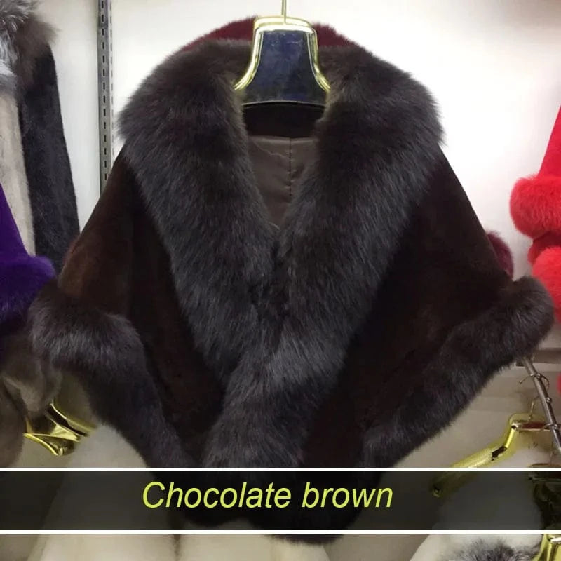 Free / Chocolate brown MWFur Luxury Women Natural Fox Fur Trimmed Rex Rabbit Fur Shawl for Party Thick Warmer Winter Fur Wedding Wrap for Adult