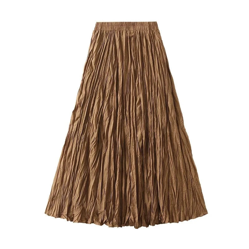 Free / Coffee 15 Colors Pleated Long Maxi Skirts Women Solid Color Casual Kawaii 2024 Spring Summer Elastic Waist Skirt Lining Luxury Faldas