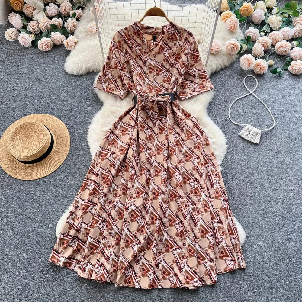 Free / coffee ANSZKTN Summer  Shirt Dress Women Printed Waist Wrapped Over Knee Large Swing Celebrity Fragmented Flower Long Dress
