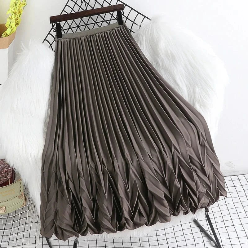 Free / Coffee New Fashion Spring Autumn Pleated Skirts for Women High Quality Elegant Casual Korean Chic Kawaii Long A-line Skirt Woman Cloth