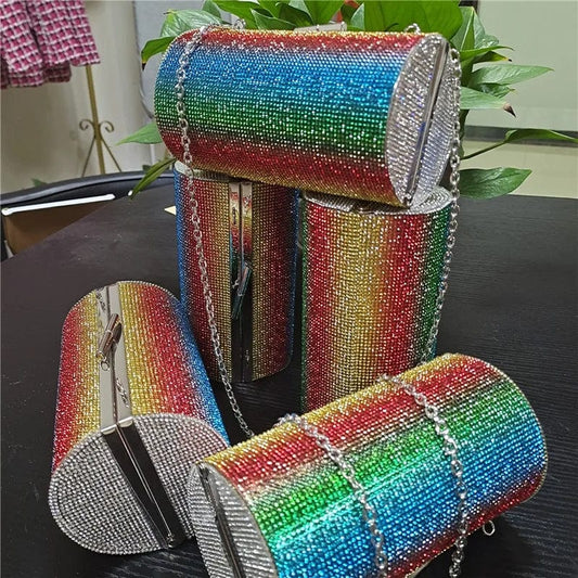 Free / Colorful A4219 2024 Luxury Rainbow Purse Women Diamonds Evening Bags