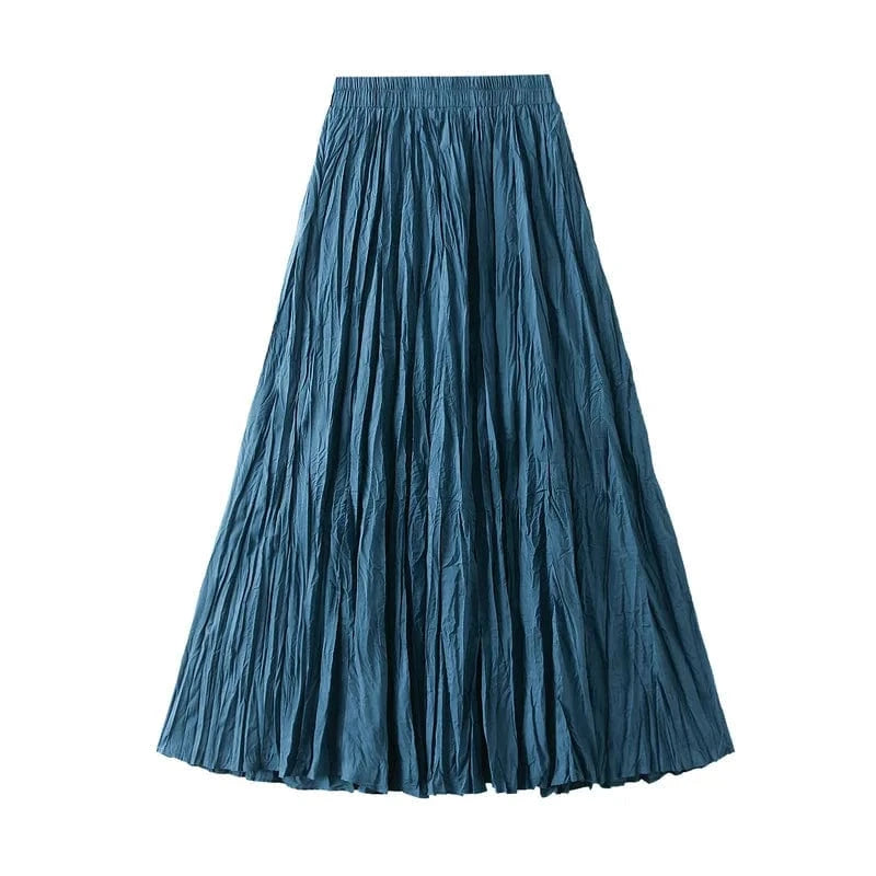 Free / Dark blue 15 Colors Pleated Long Maxi Skirts Women Solid Color Casual Kawaii 2024 Spring Summer Elastic Waist Skirt Lining Luxury Faldas