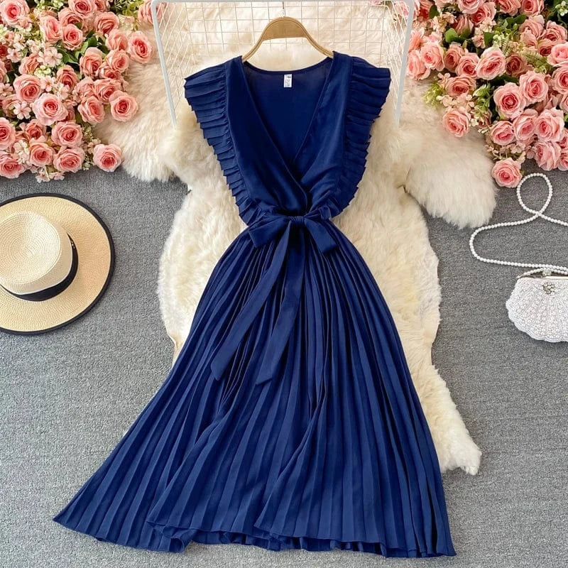 Free / Dark blue Summer Hepburn Style Women Dress Ruffles Sashes Chiffon Fashion Elegant Pleated V-neck Dresses for Ladies Casual Vintage Vestido