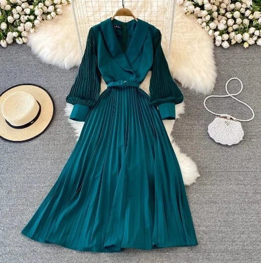 Free / Dark green Liu Ming Elegant Elegant 2024 Streetwear Women Y2K Retro Sexy Casual Zipper Solid V Neck High Waist Pleated A Line Dress