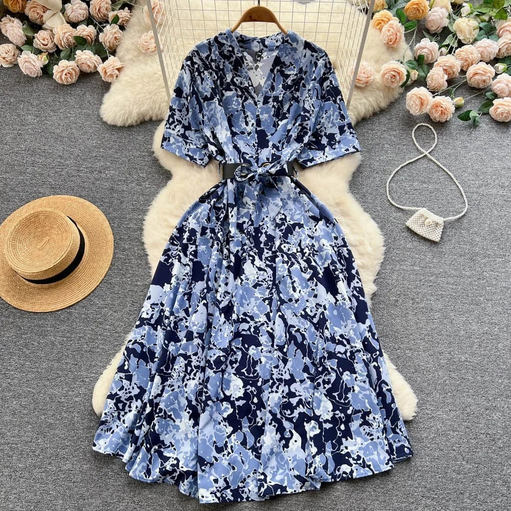 Free / deep blue ANSZKTN Summer  Shirt Dress Women Printed Waist Wrapped Over Knee Large Swing Celebrity Fragmented Flower Long Dress
