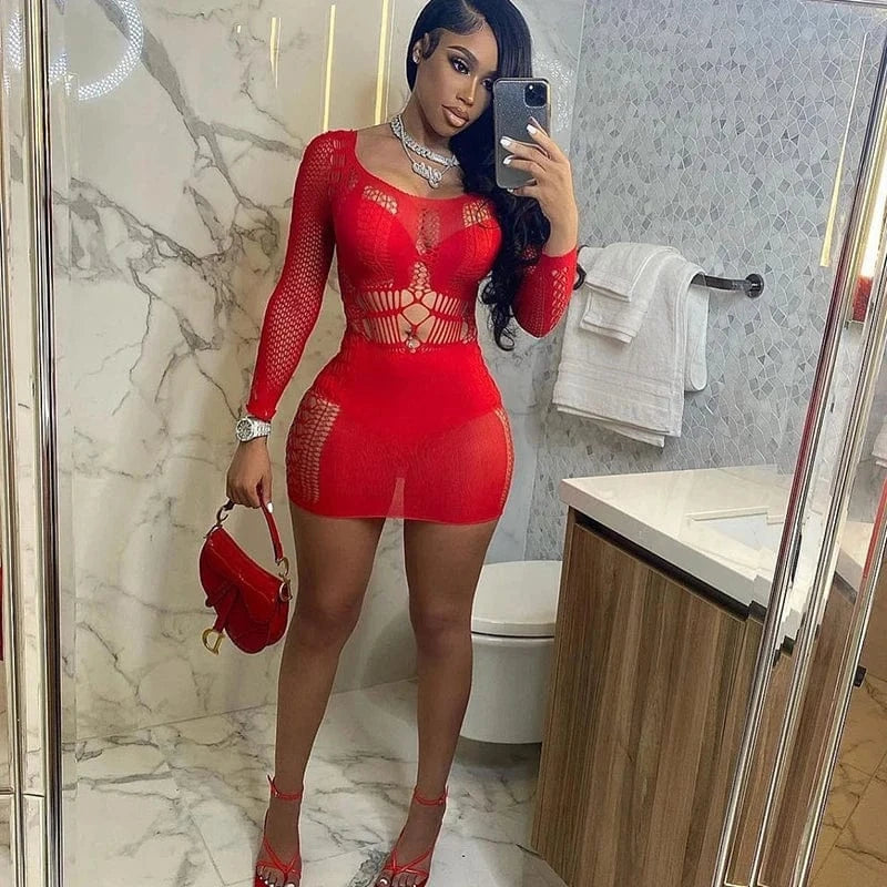 Free / E22DS154  Black Cutenova E22DS154 2024 New Wholesale Mesh Hollow Out Long Sleeve Mini Dress Women's Sexy Mesh Dresses