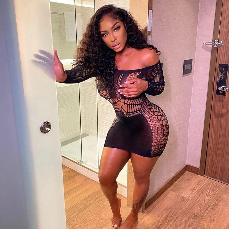 Free / E22DS154  Black Cutenova E22DS154 2024 New Wholesale Mesh Hollow Out Long Sleeve Mini Dress Women's Sexy Mesh Dresses