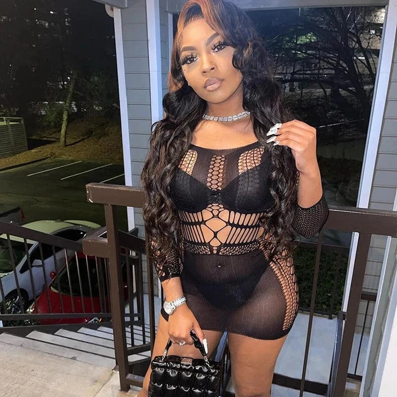 Free / E22DS154  Black Cutenova E22DS154 2024 New Wholesale Mesh Hollow Out Long Sleeve Mini Dress Women's Sexy Mesh Dresses