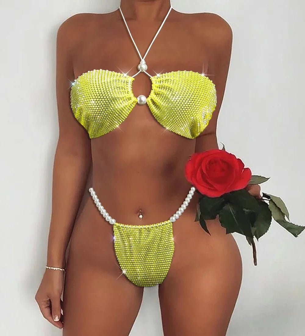 Free / fluorescent yellow Sexy Particles Hot Diamonds Chest Triangle Rhinestones Pearl Bikini Sexy Babes Bikini Beachwear Women's Two-piece Bra Set