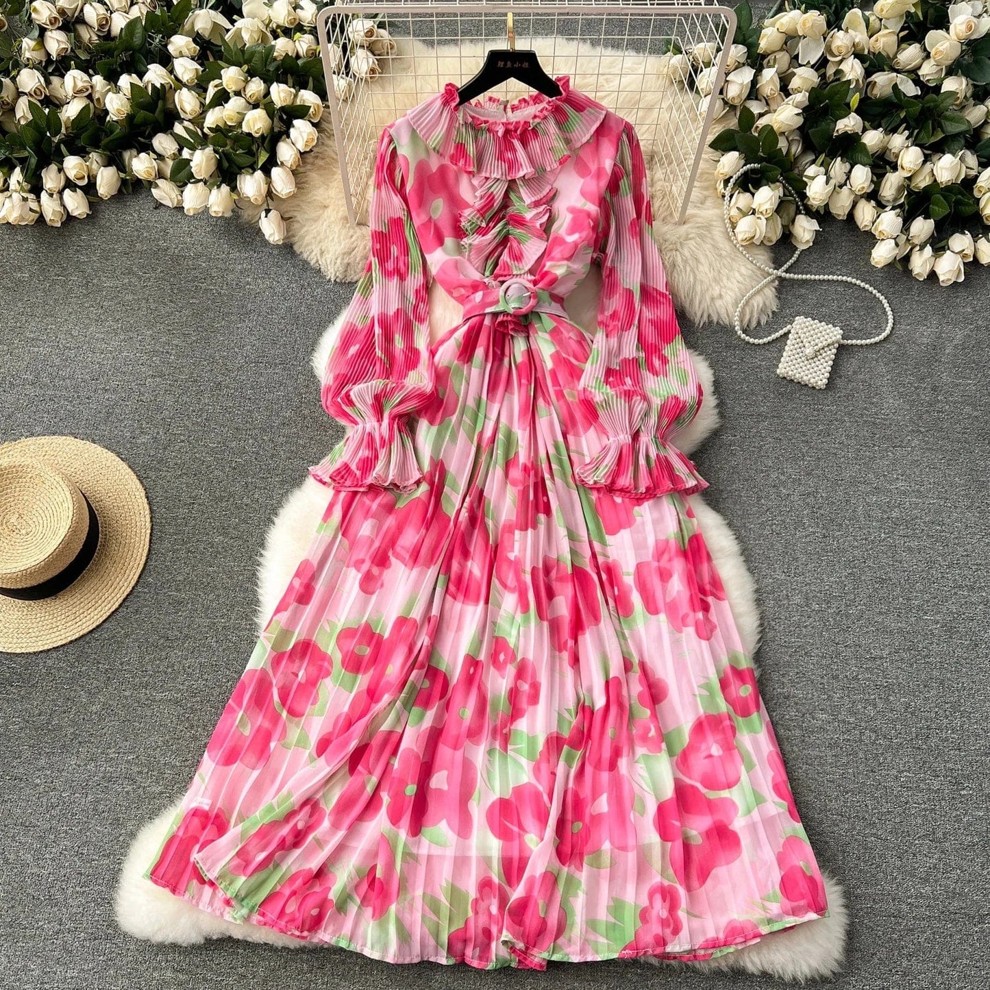 Free / Fuchsia 2024 New Dress Women's Sweet Auricularia Ruffle Collar Slim Fit Mid length Printed Chiffon Pleated Skirt