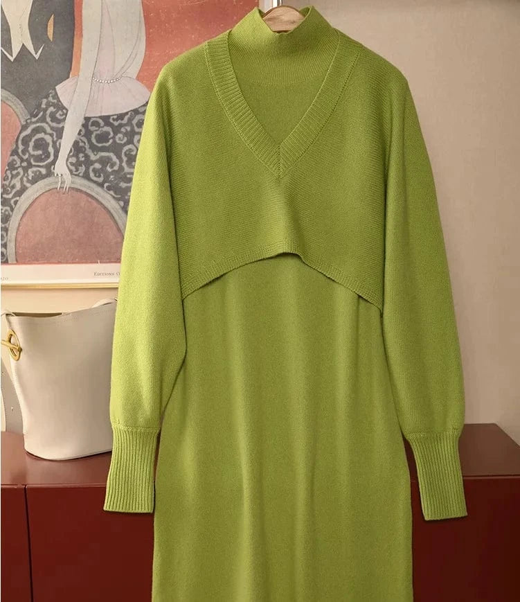 Free / Gold 2023 Autumn winter high quality fashion women's solid color semi-high neck mid-length loose two-piece knit dress