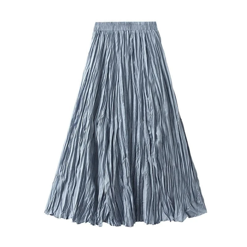 Free / Gray 15 Colors Pleated Long Maxi Skirts Women Solid Color Casual Kawaii 2024 Spring Summer Elastic Waist Skirt Lining Luxury Faldas