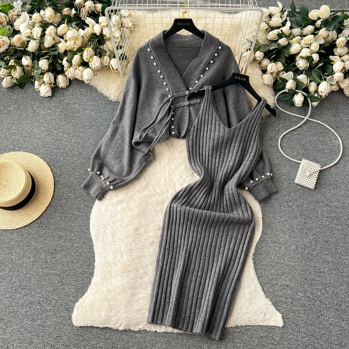 Free / Gray 2024 Fashion Set Women's Autumn and Winter Premium Halter Dress Vintage Loose Knit Shawl Jacket Set