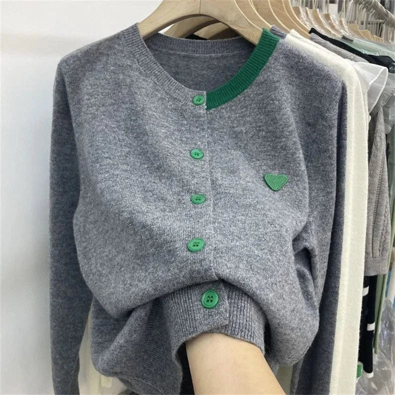 Free / Gray 2024 Spring Ladies  long sleeve loose fitting love heart color blocking women sweater coat