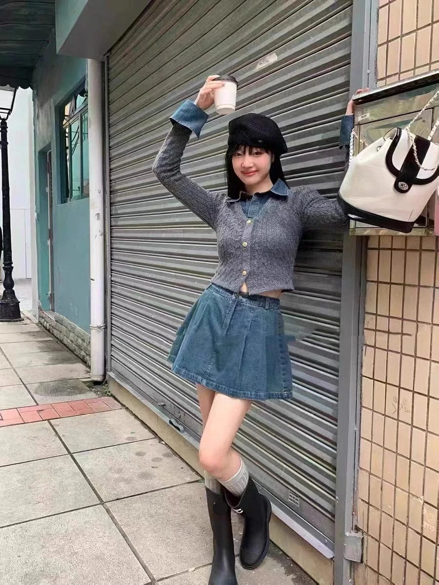 Free / Gray 2024 Spring New arrival Ladies long sleeve Denim patchwork knit lapel women sweater cardigan