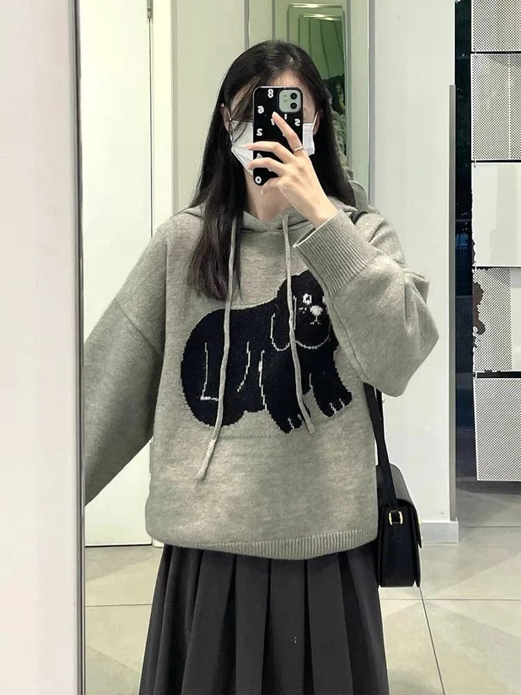 Free / Gray 2024 Spring new arrival long sleeve jumper oversize hoodie cable knit women cartoon dog sweater pullover