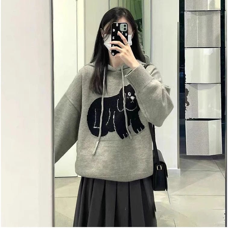 Free / Gray 2024 Spring new arrival long sleeve jumper oversize hoodie cable knit women cartoon dog sweater pullover