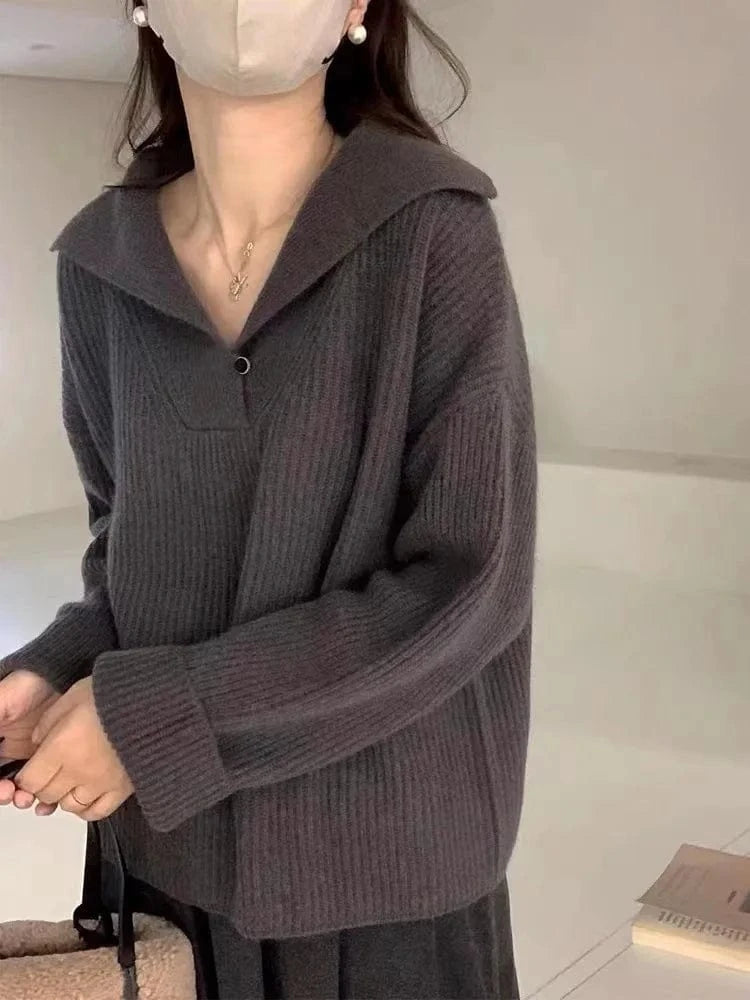 Free / Gray 2024 Spring women new arrival big turn-down neck long sleeve loose cable knit jumper sweater pullover