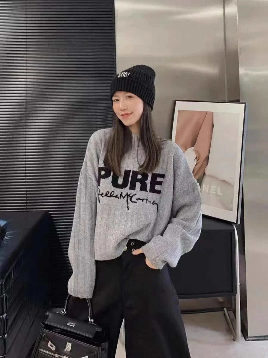 Free / Gray 2024 Spring women new arrival mock neck long sleeve loose  letter cable knit pullover sweater jumper