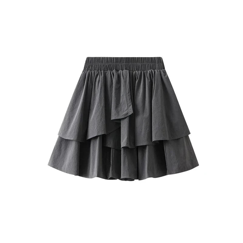 Free / Gray 2024 Summer Y2K Kawaii Short Mini Skirt Woman Solid Color Ruffles Japanese Style Elastic Waist A-line Skirts for Girls