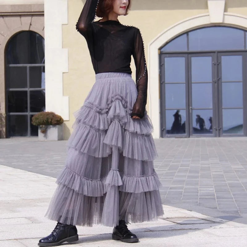 Free / Gray Black Patchwork Mesh Skirt For Women High Waist Casual Ball Gown Skirts Female Fashion New Clothes 2024 Spring