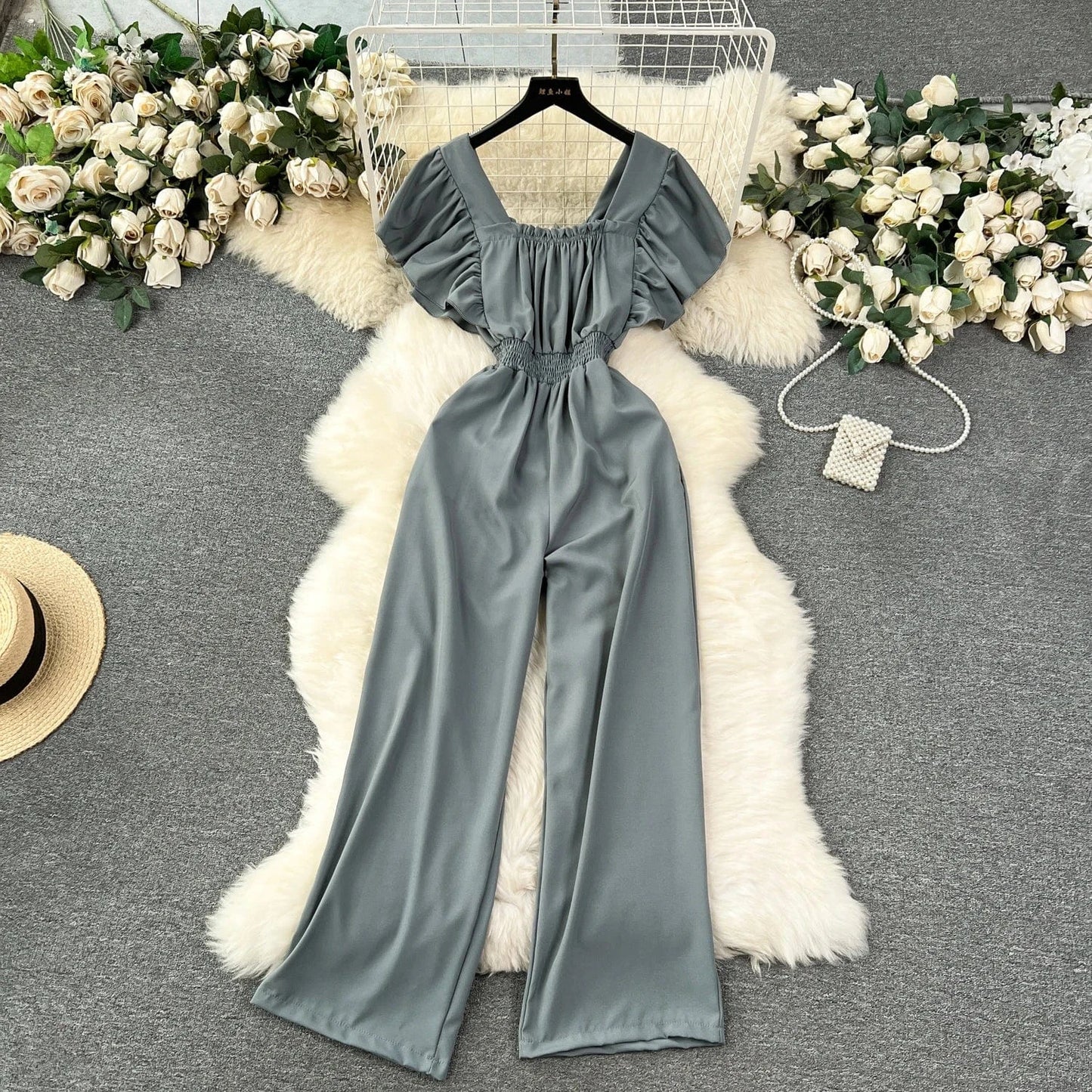 Free / Gray Fashionable elegant flying sleeve square neck jumpsuit for women high waist slim casual wide leg pants new spring/summer 2024