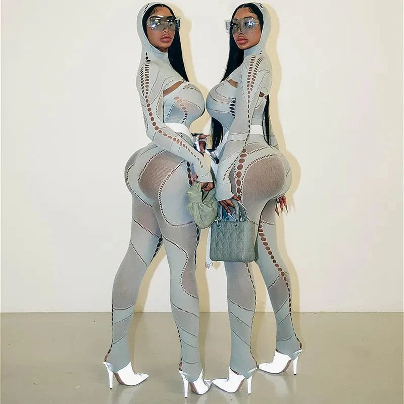Free / Gray Women Cut Out Long Sleeve See Through Slimming Bodysuits Knit Sexy Ladies Transparent Bodycon One Piece Jumpsuits With Hooded