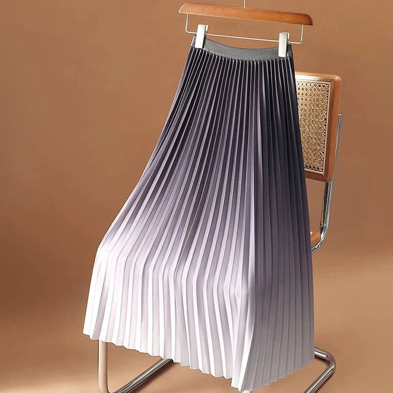 Free / Gray Women Y2K Gradient Midi Skirt Casual Luxury Elegant Korean High Waisted Pleated Skirts Girls Chic Long A-line Faldas