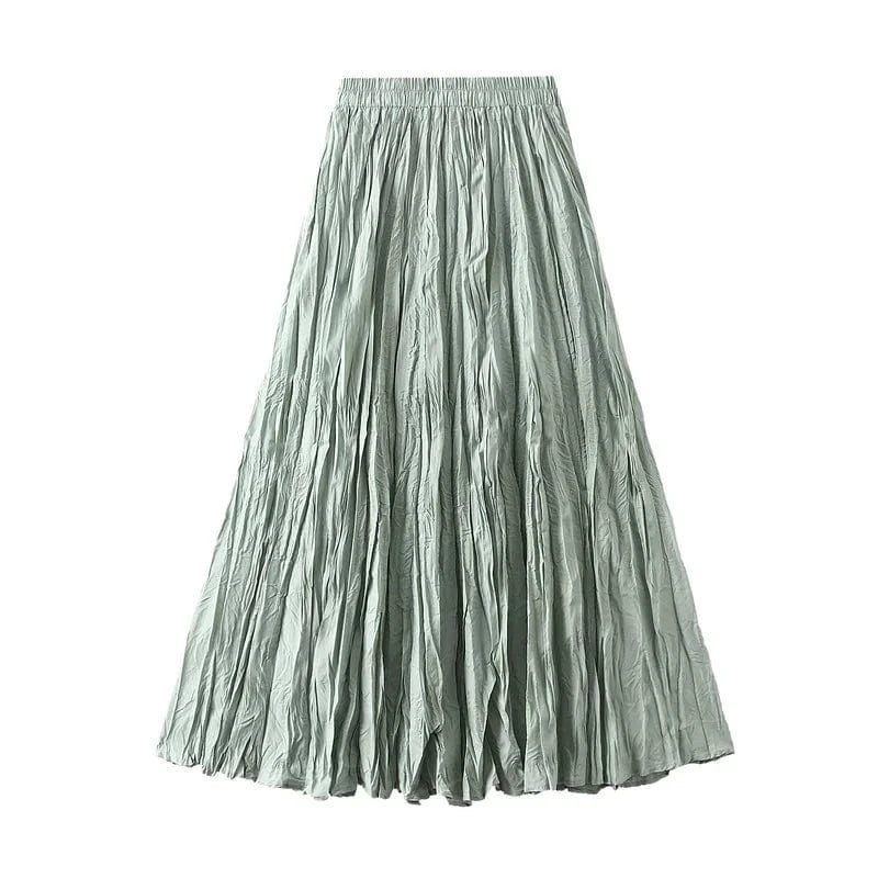 Free / Green 15 Colors Pleated Long Maxi Skirts Women Solid Color Casual Kawaii 2024 Spring Summer Elastic Waist Skirt Lining Luxury Faldas