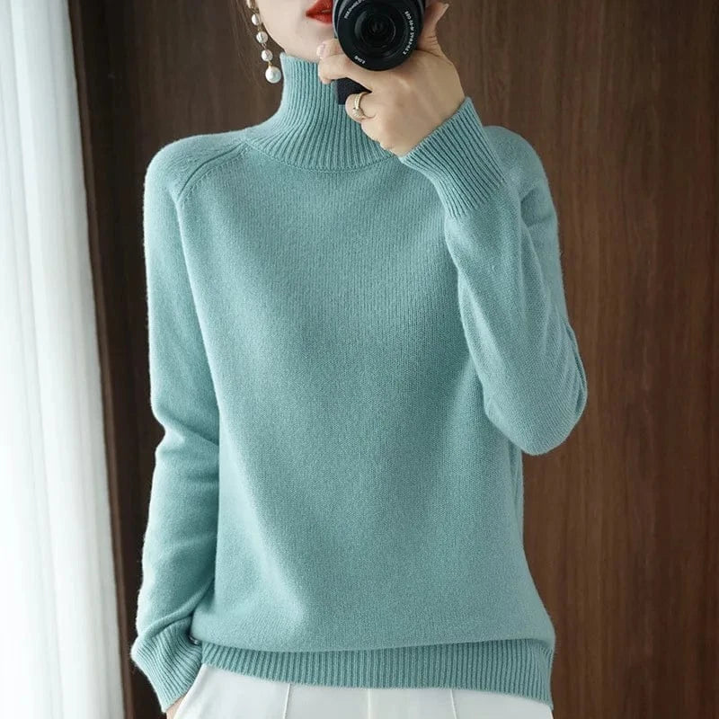 Free / Green 2024 new arrival fashion lady mock collar long sleeve slim fit free size plain cashmere sweater