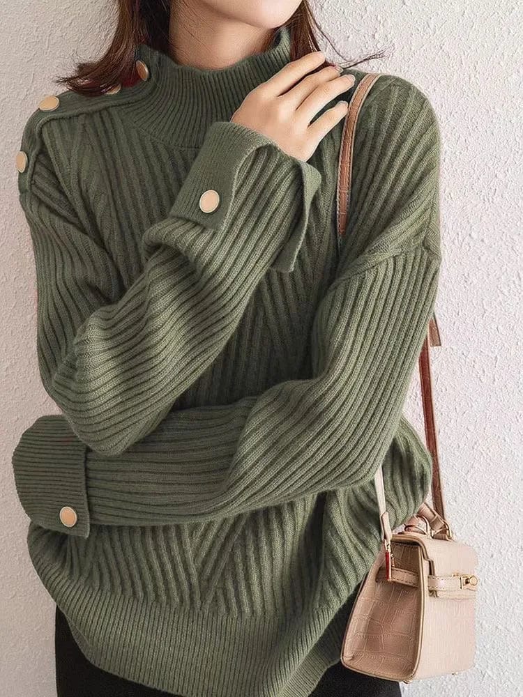 Free / Green 2024 Spring new arrival office lady turtleneck long sleeve comfortable cable knit women sweater jumper