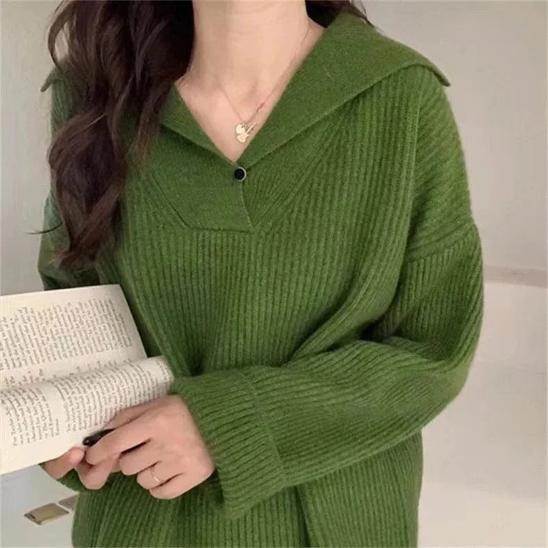 Free / Green 2024 Spring women new arrival big turn-down neck long sleeve loose cable knit jumper sweater pullover