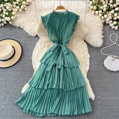 Free / Green 2024 summer new Korean style dress temperament slim mid-length cake dress solid color stand collar pleated dress