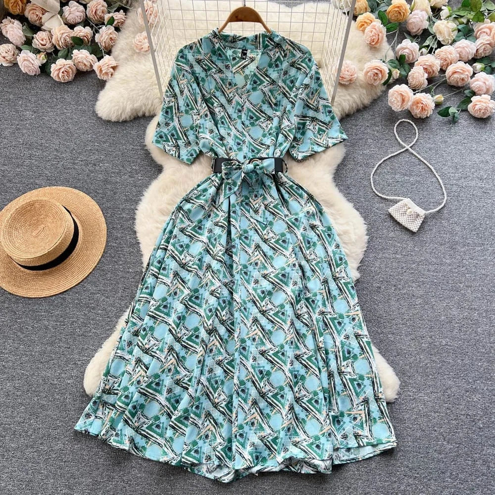 Free / Green ANSZKTN Summer  Shirt Dress Women Printed Waist Wrapped Over Knee Large Swing Celebrity Fragmented Flower Long Dress