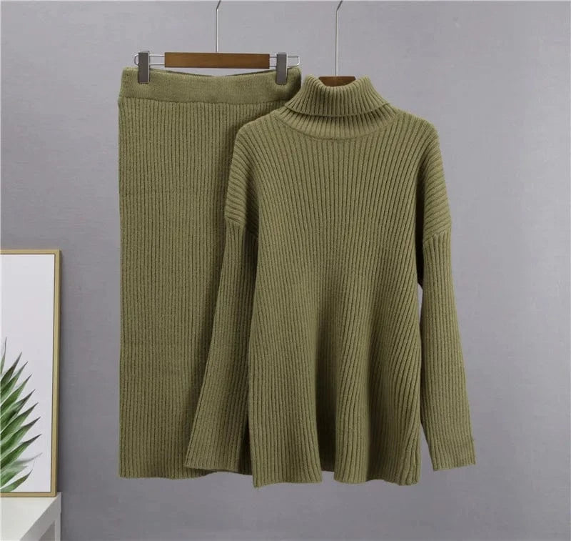 Free / Green Autumn and winter fashion new lazy knitting suit ladies pit striped half-body skirt  turtleneck sweater loose warm two-piece set
