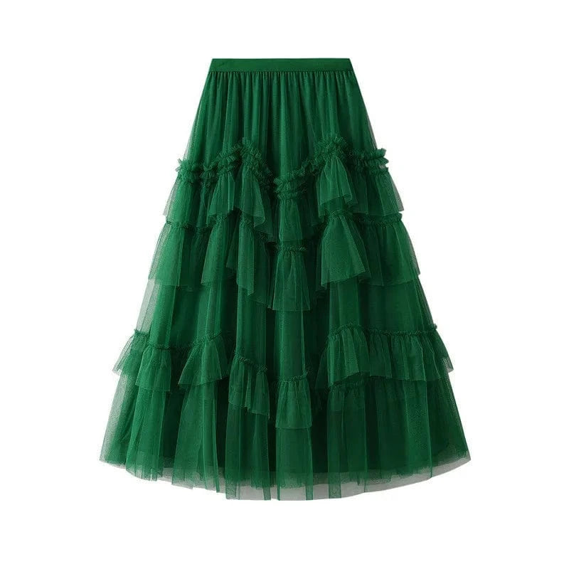 Free / Green Black Patchwork Mesh Skirt For Women High Waist Casual Ball Gown Skirts Female Fashion New Clothes 2024 Spring