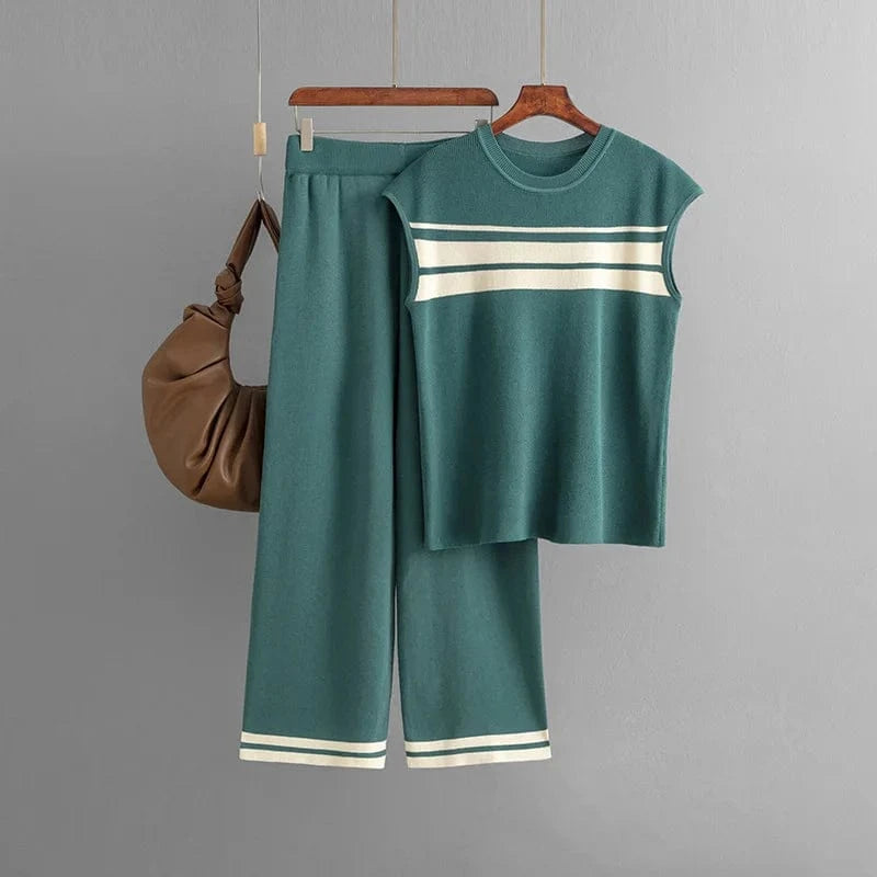 Free / Green Boutique Wholesale 2024 Autumn New Loose Contrast Stripe Sleeveless Top High Waist Wide Leg Pants Women's Set