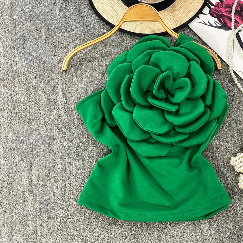 Free / Green CHICEVER Diagonal Collar Sleeveless Patchwork Appliques Vest Crop Tops For Women 2024