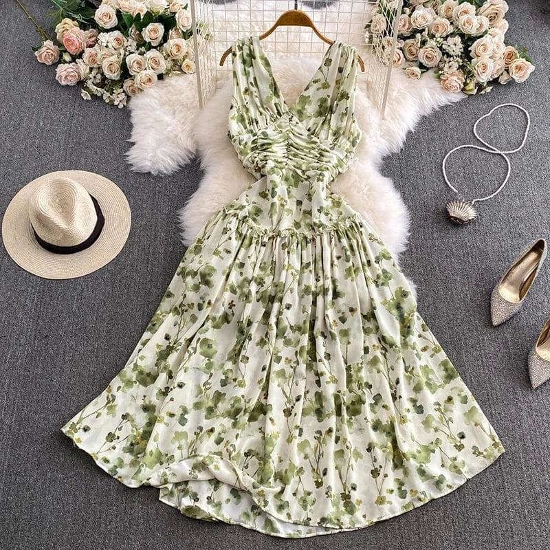 Free / Green Fashion Sexy Temperament Women's Dress Summer Casual Retro Backless 2024 Hepburn Big Hem Korean V-neck A-line Long Dresses Khaki